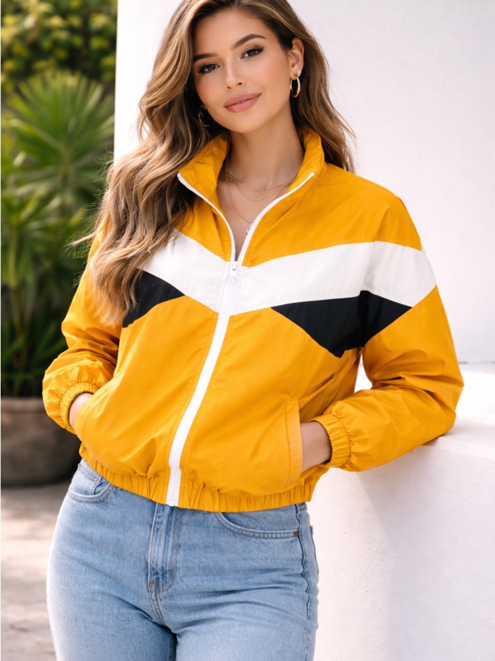 Yellow Colorblock Windbreaker Jacket - Women